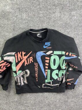 Nike Sweatshirt Womens Small Black Crewneck Pullover Fleece All Over Graphic